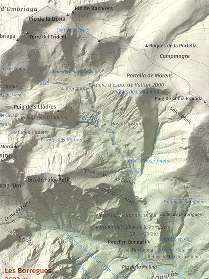 Mapa de relieve de Les Borregues, 2693 m, Ripollès, lámina 100 Cims de Trobart. Detalle de la zona superior derecha. 30 × 40 cm.