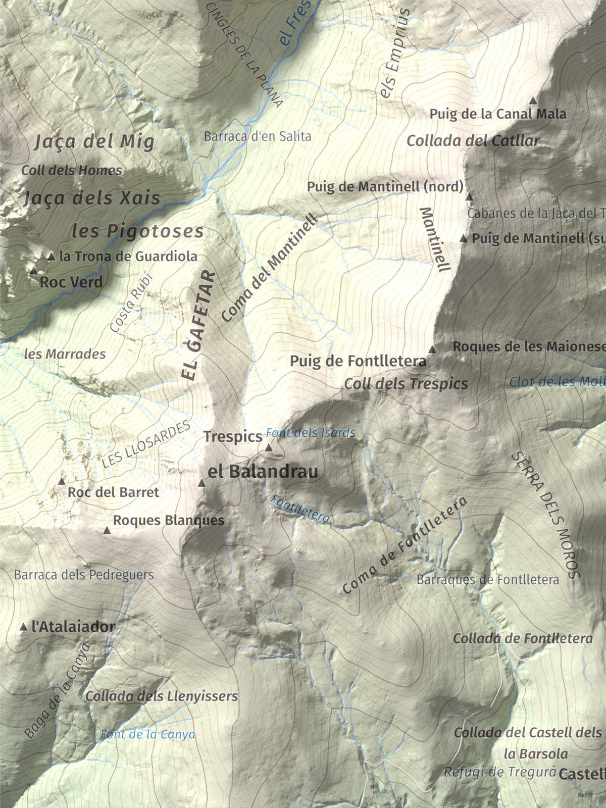 Mapa de relieve de Les Borregues, 2693 m, Ripollès, lámina 100 Cims de Trobart. Detalle de la zona inferior izquierda. 30 × 40 cm.