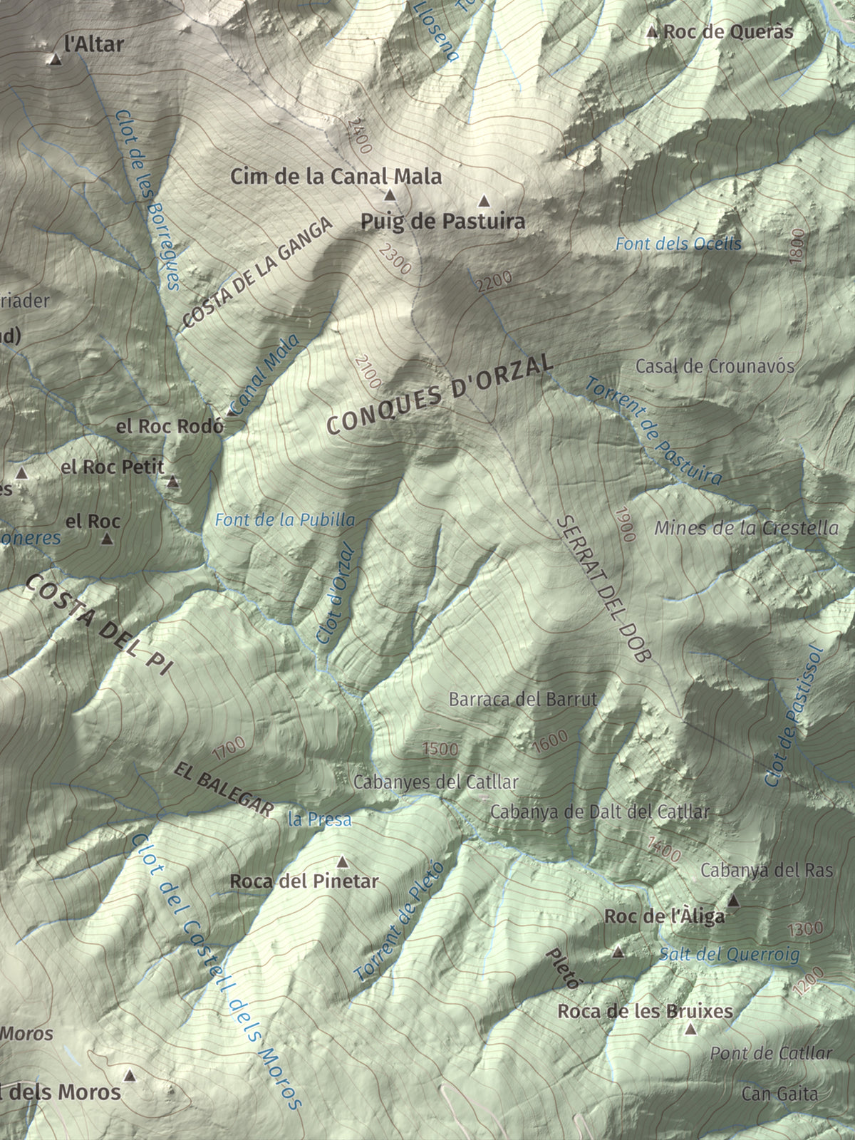 Mapa de relieve de Les Borregues, 2693 m, Ripollès, lámina 100 Cims de Trobart. Detalle de la zona inferior derecha. 30 × 40 cm.