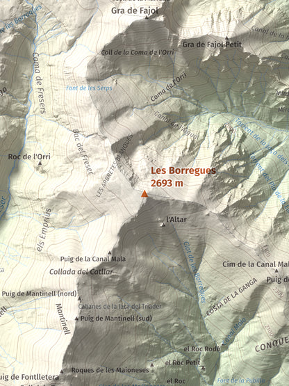 Mapa de relieve de Les Borregues, 2693 m, Ripollès, lámina 100 Cims de Trobart. Detalle de la zona central. 30 × 40 cm.