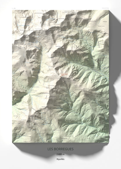 Mapa de relieve de Les Borregues, 2693 m, Ripollès, lámina 100 Cims de Trobart 50 × 70 cm.