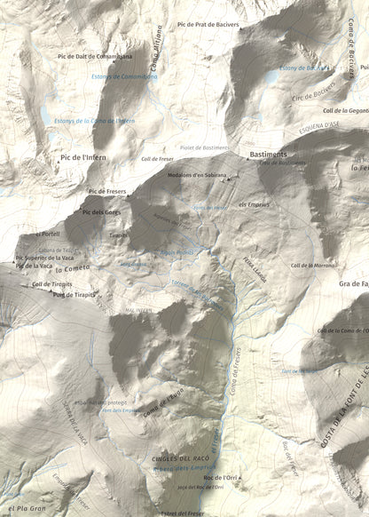 Mapa de relieve de Les Borregues, 2693 m, Ripollès, lámina 100 Cims de Trobart. Detalle de la zona superior izquierda. 50 × 70 cm.