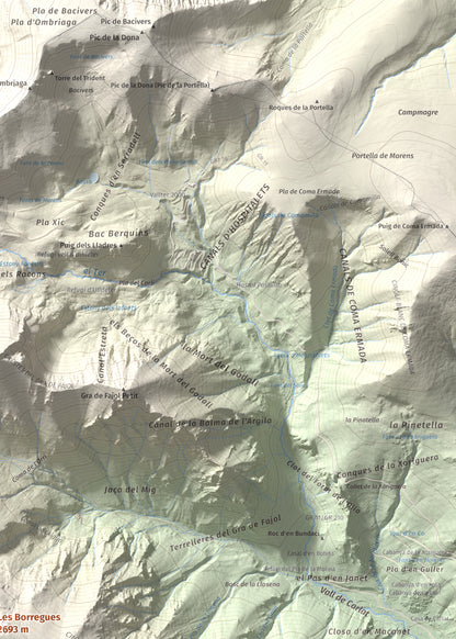 Mapa de relieve de Les Borregues, 2693 m, Ripollès, lámina 100 Cims de Trobart. Detalle de la zona superior derecha. 50 × 70 cm.