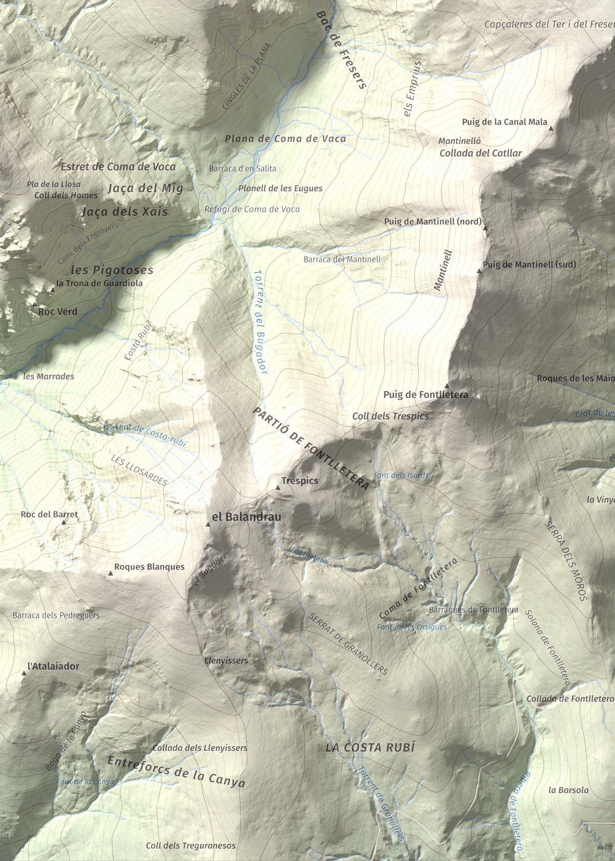 Mapa de relieve de Les Borregues, 2693 m, Ripollès, lámina 100 Cims de Trobart. Detalle de la zona inferior izquierda. 50 × 70 cm.