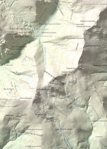 Mapa de relieve de Les Borregues, 2693 m, Ripollès, lámina 100 Cims de Trobart. Detalle de la zona inferior izquierda. 50 × 70 cm.
