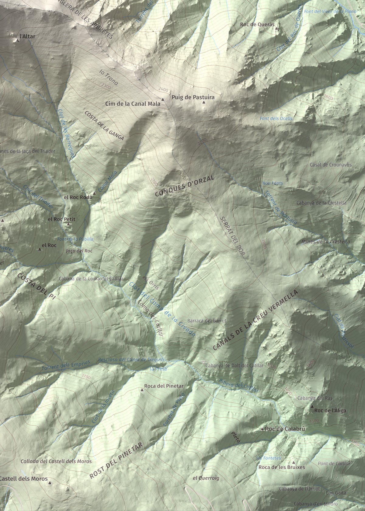 Mapa de relieve de Les Borregues, 2693 m, Ripollès, lámina 100 Cims de Trobart. Detalle de la zona inferior derecha. 50 × 70 cm.