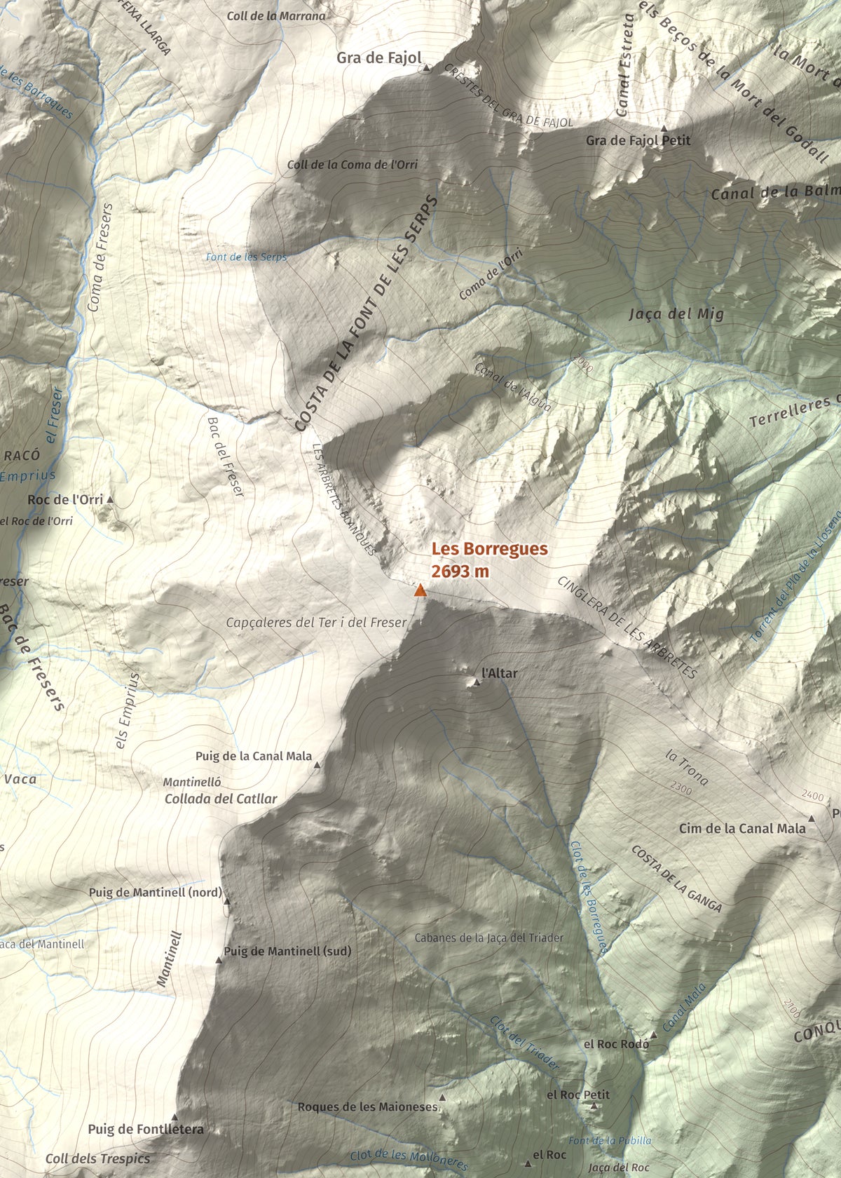 Mapa de relieve de Les Borregues, 2693 m, Ripollès, lámina 100 Cims de Trobart. Detalle de la zona central. 50 × 70 cm.