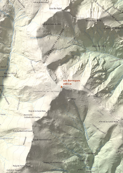 Mapa de relieve de Les Borregues, 2693 m, Ripollès, lámina 100 Cims de Trobart. Detalle de la zona central. 50 × 70 cm.