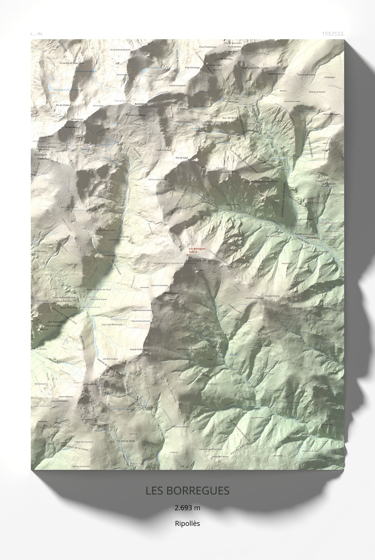 Mapa de relieve de Les Borregues, 2693 m, Ripollès, lámina 100 Cims de Trobart 61 × 91 cm.