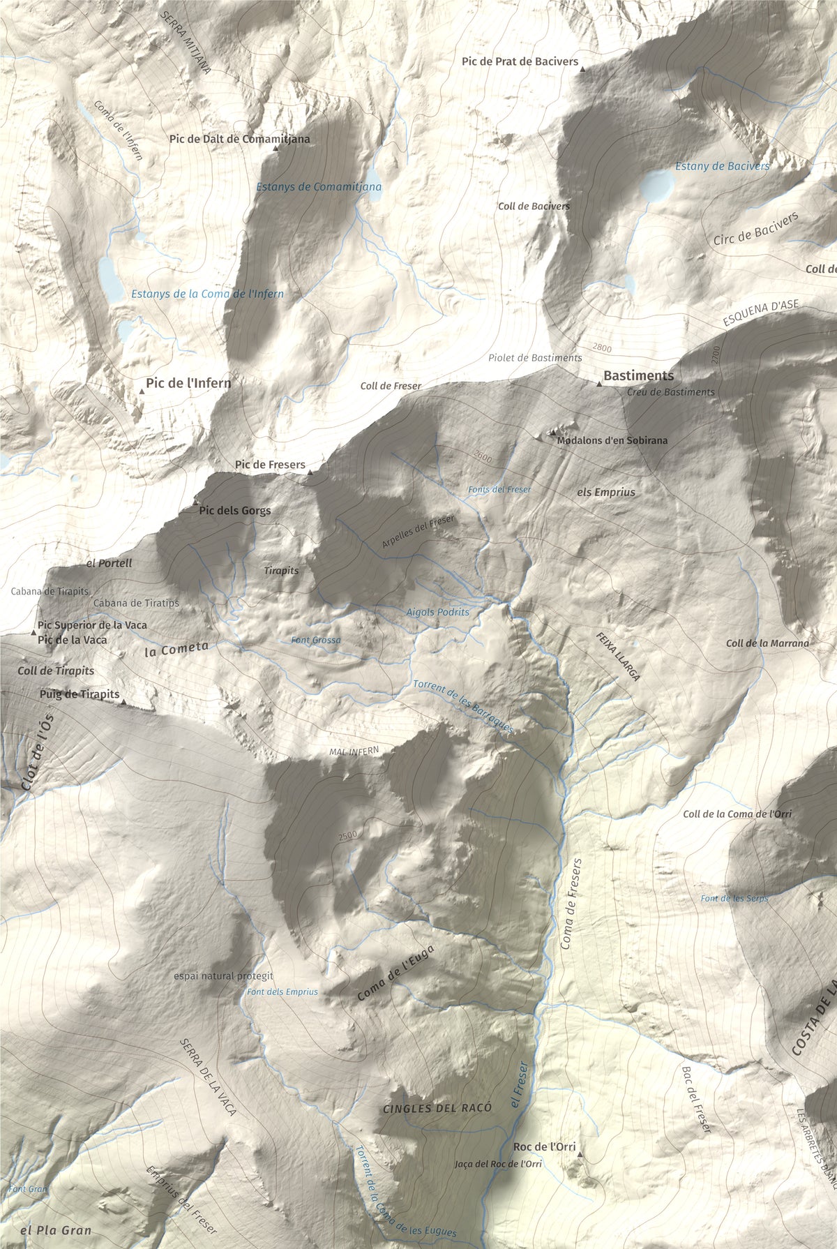Mapa de relieve de Les Borregues, 2693 m, Ripollès, lámina 100 Cims de Trobart. Detalle de la zona superior izquierda. 61 × 91 cm.