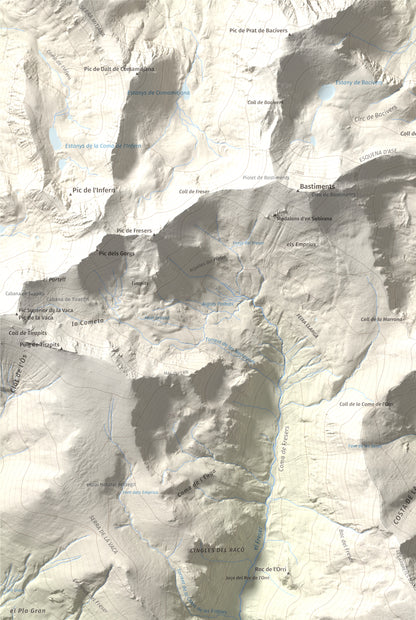 Mapa de relieve de Les Borregues, 2693 m, Ripollès, lámina 100 Cims de Trobart. Detalle de la zona superior izquierda. 61 × 91 cm.