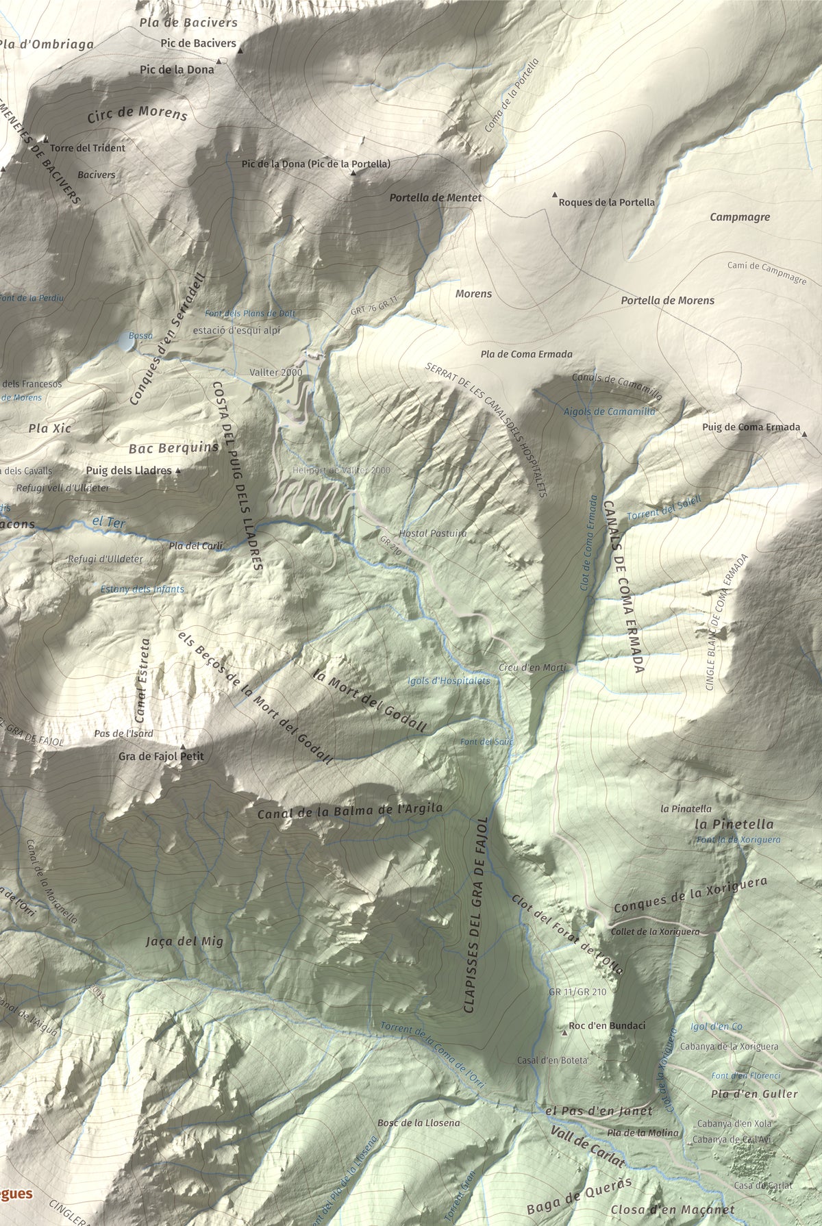 Mapa de relieve de Les Borregues, 2693 m, Ripollès, lámina 100 Cims de Trobart. Detalle de la zona superior derecha. 61 × 91 cm.