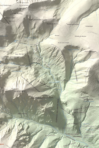 Mapa de relieve de Les Borregues, 2693 m, Ripollès, lámina 100 Cims de Trobart. Detalle de la zona superior derecha. 61 × 91 cm.