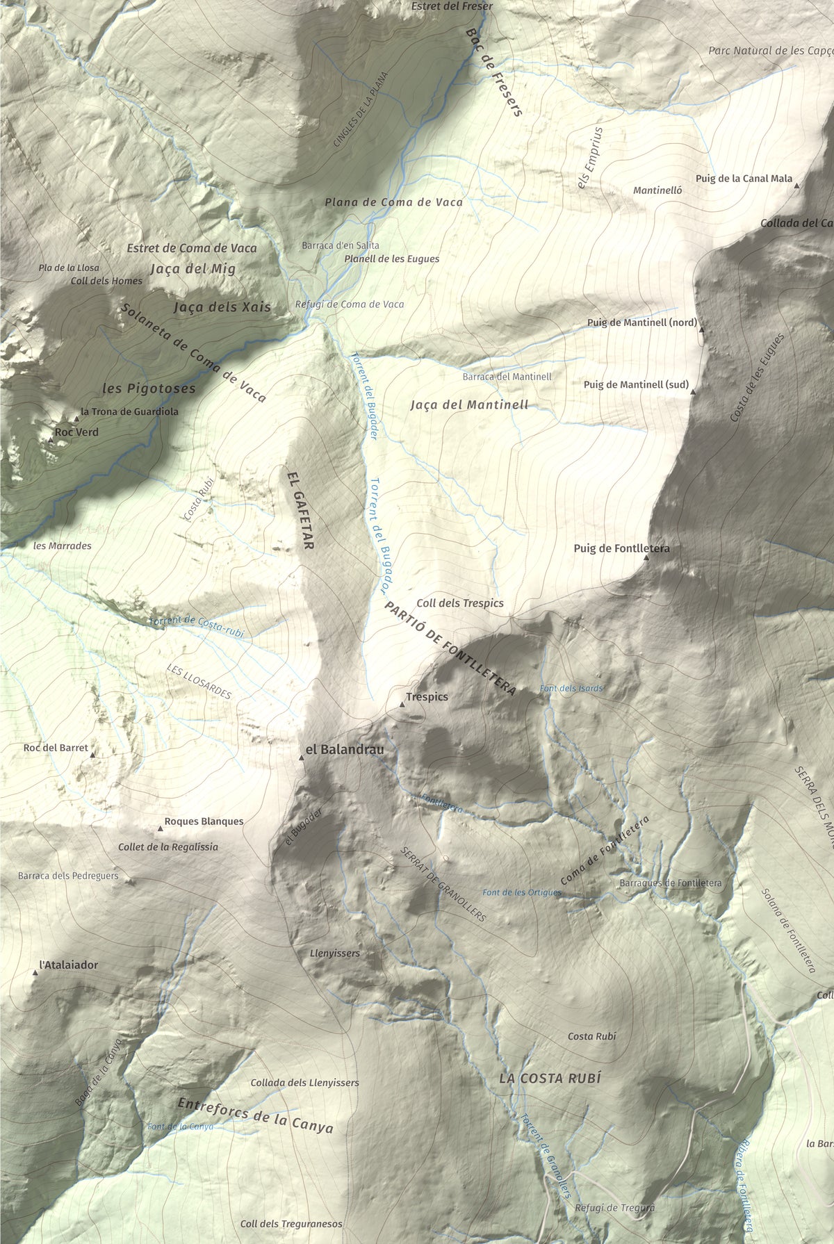 Mapa de relieve de Les Borregues, 2693 m, Ripollès, lámina 100 Cims de Trobart. Detalle de la zona inferior izquierda. 61 × 91 cm.