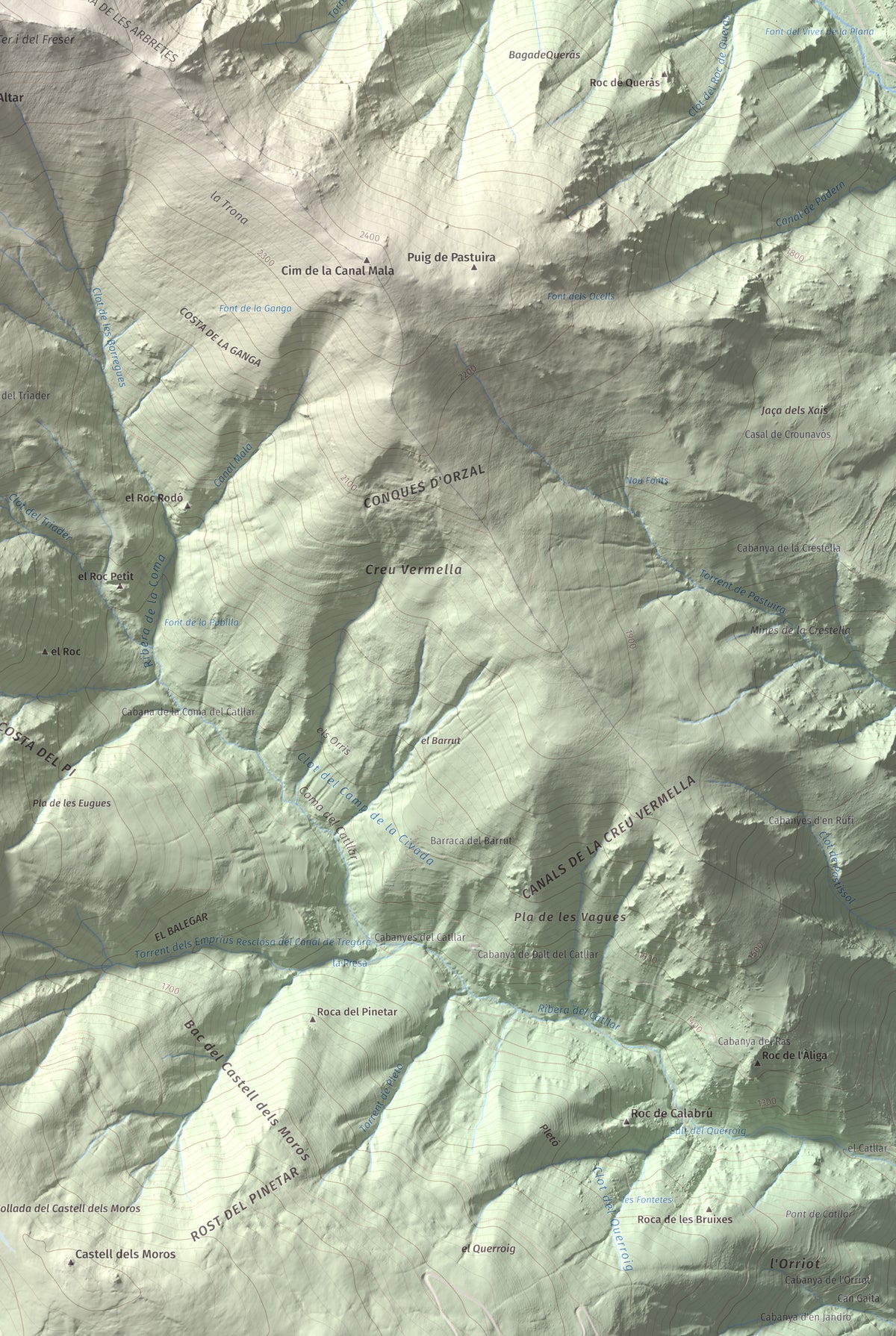 Mapa de relieve de Les Borregues, 2693 m, Ripollès, lámina 100 Cims de Trobart. Detalle de la zona inferior derecha. 61 × 91 cm.