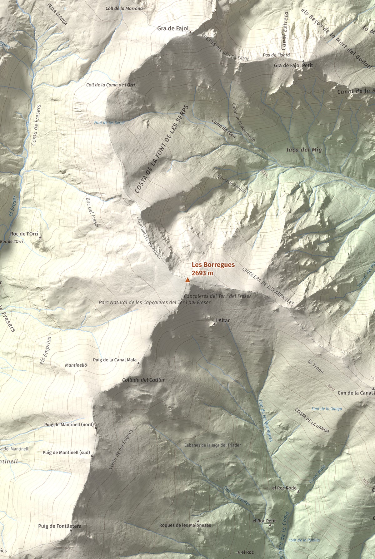 Mapa de relieve de Les Borregues, 2693 m, Ripollès, lámina 100 Cims de Trobart. Detalle de la zona central. 61 × 91 cm.