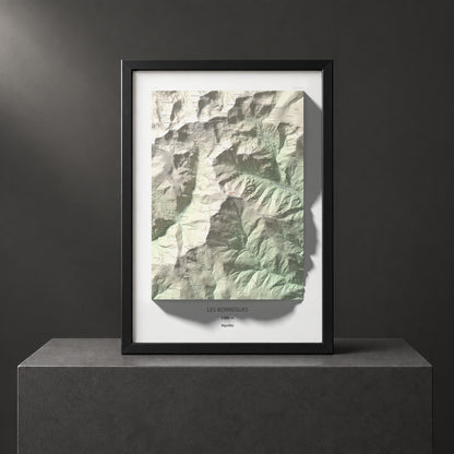 Mapa de relieve de Les Borregues, 2693 m, Ripollès, lámina 100 Cims de Trobart. Presentación enmarcada. 70 × 100 cm.
