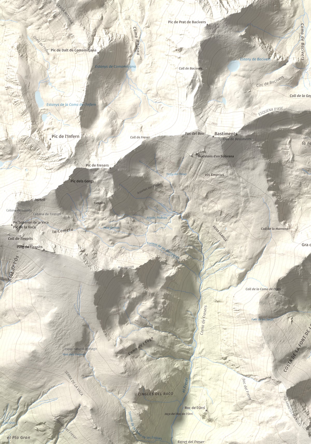 Mapa de relieve de Les Borregues, 2693 m, Ripollès, lámina 100 Cims de Trobart. Detalle de la zona superior izquierda. 70 × 100 cm.