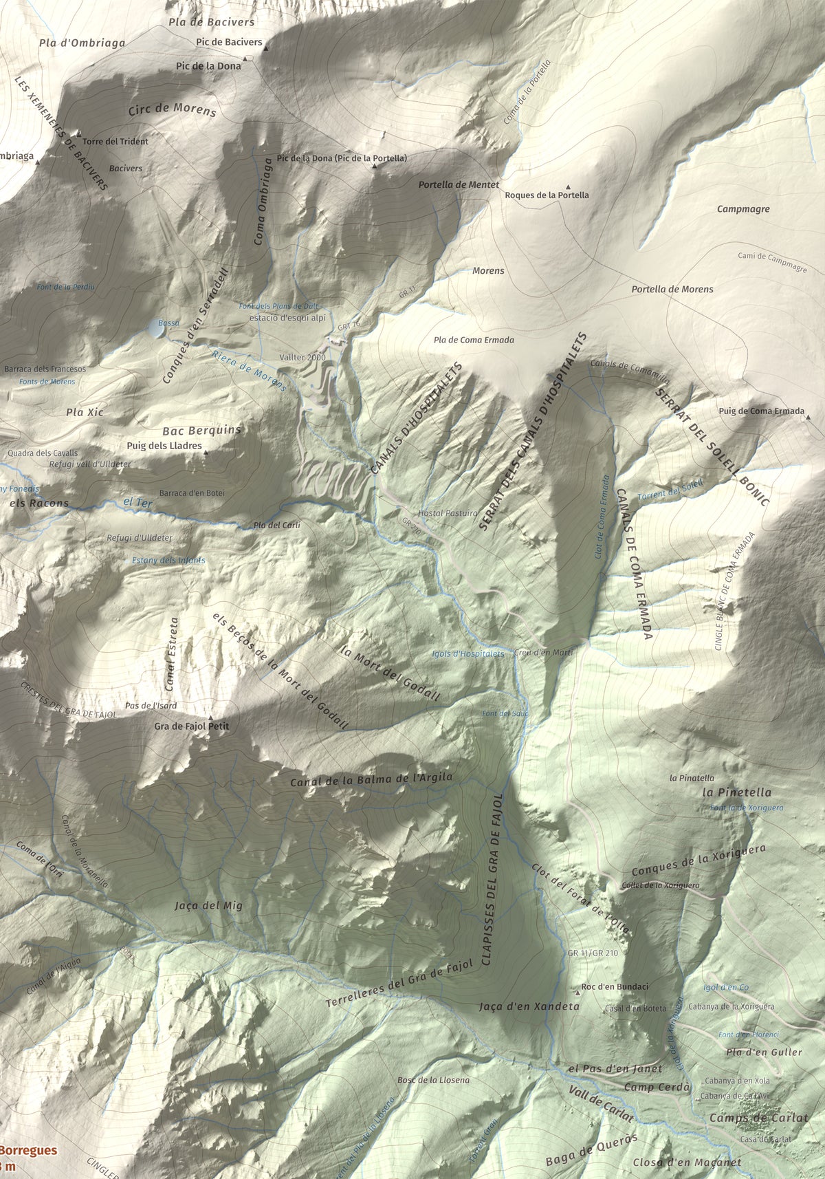 Mapa de relieve de Les Borregues, 2693 m, Ripollès, lámina 100 Cims de Trobart. Detalle de la zona superior derecha. 70 × 100 cm.