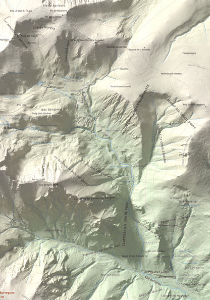 Mapa de relieve de Les Borregues, 2693 m, Ripollès, lámina 100 Cims de Trobart. Detalle de la zona superior derecha. 70 × 100 cm.