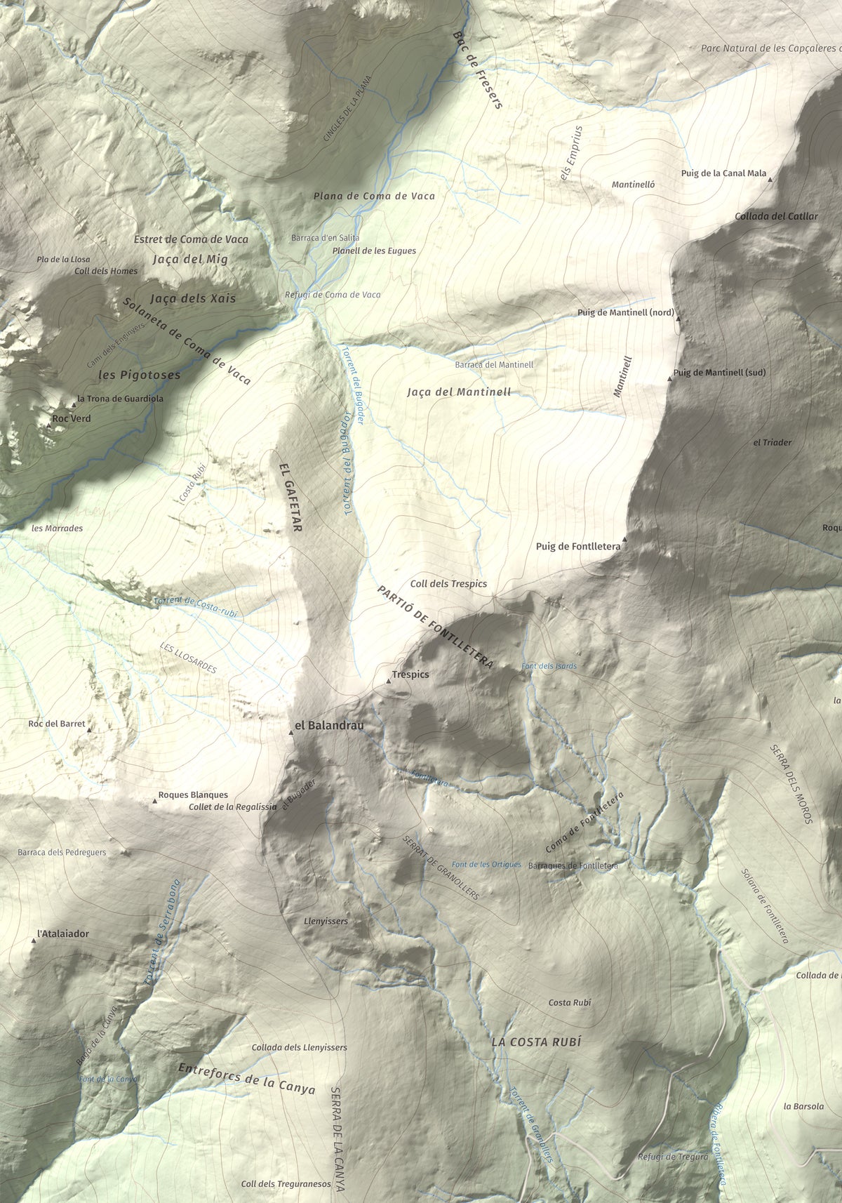 Mapa de relieve de Les Borregues, 2693 m, Ripollès, lámina 100 Cims de Trobart. Detalle de la zona inferior izquierda. 70 × 100 cm.