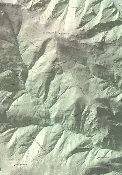 Mapa de relieve de Les Borregues, 2693 m, Ripollès, lámina 100 Cims de Trobart. Detalle de la zona inferior derecha. 70 × 100 cm.