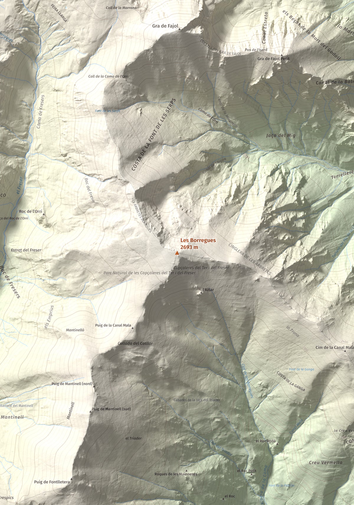 Mapa de relieve de Les Borregues, 2693 m, Ripollès, lámina 100 Cims de Trobart. Detalle de la zona central. 70 × 100 cm.