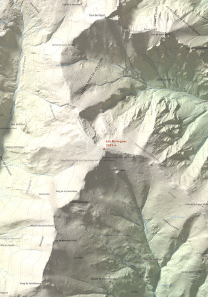 Mapa de relieve de Les Borregues, 2693 m, Ripollès, lámina 100 Cims de Trobart. Detalle de la zona central. 70 × 100 cm.