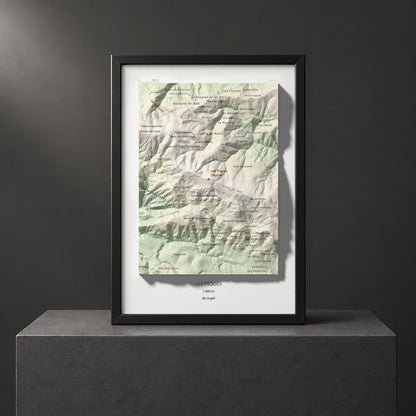 Mapa de relieve de Les Piques, 1969 m, Alt Urgell, lámina 100 Cims de Trobart. Presentación enmarcada. 21 × 30 cm.
