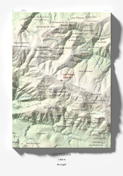 Mapa de relieve de Les Piques, 1969 m, Alt Urgell, lámina 100 Cims de Trobart 21 × 30 cm.