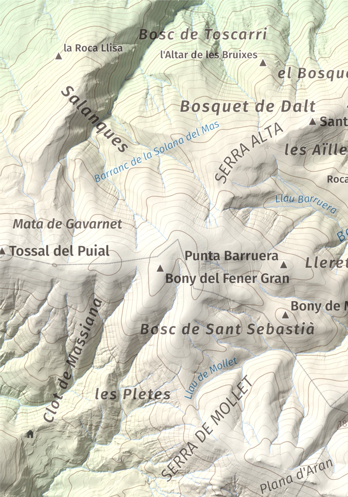 Mapa de relieve de Les Piques, 1969 m, Alt Urgell, lámina 100 Cims de Trobart. Detalle de la zona superior izquierda. 21 × 30 cm.
