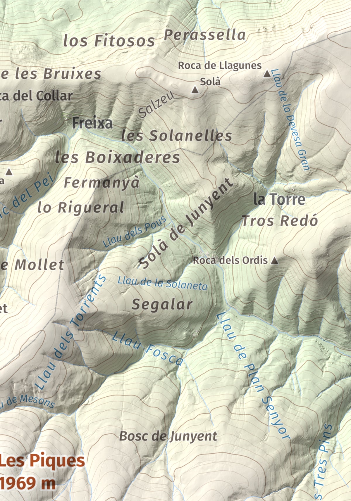 Mapa de relieve de Les Piques, 1969 m, Alt Urgell, lámina 100 Cims de Trobart. Detalle de la zona superior derecha. 21 × 30 cm.
