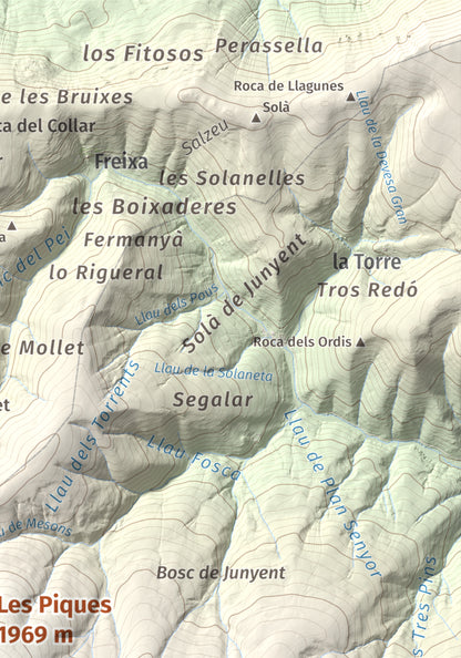 Mapa de relieve de Les Piques, 1969 m, Alt Urgell, lámina 100 Cims de Trobart. Detalle de la zona superior derecha. 21 × 30 cm.