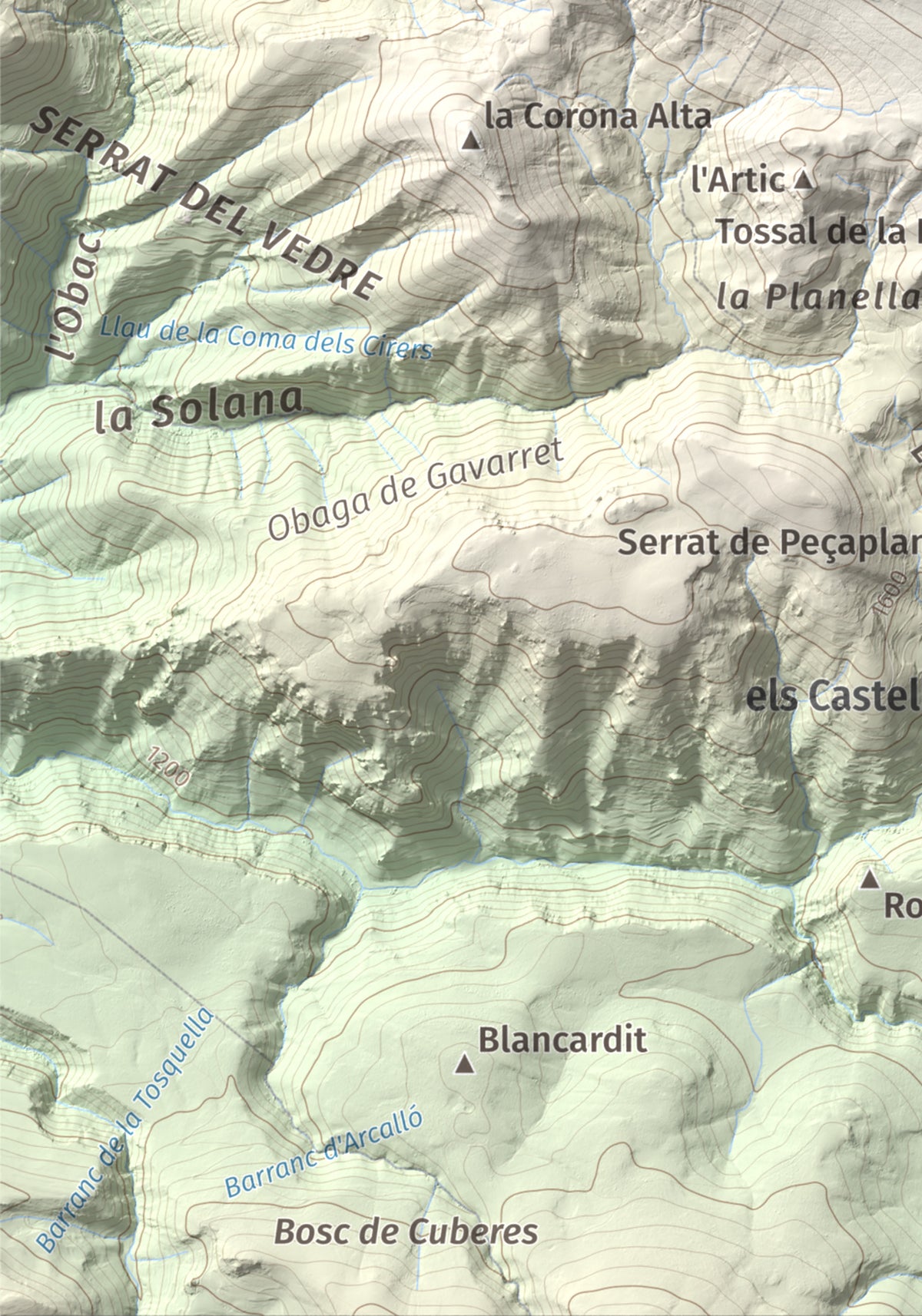 Mapa de relieve de Les Piques, 1969 m, Alt Urgell, lámina 100 Cims de Trobart. Detalle de la zona inferior izquierda. 21 × 30 cm.