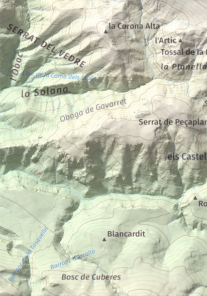 Mapa de relieve de Les Piques, 1969 m, Alt Urgell, lámina 100 Cims de Trobart. Detalle de la zona inferior izquierda. 21 × 30 cm.