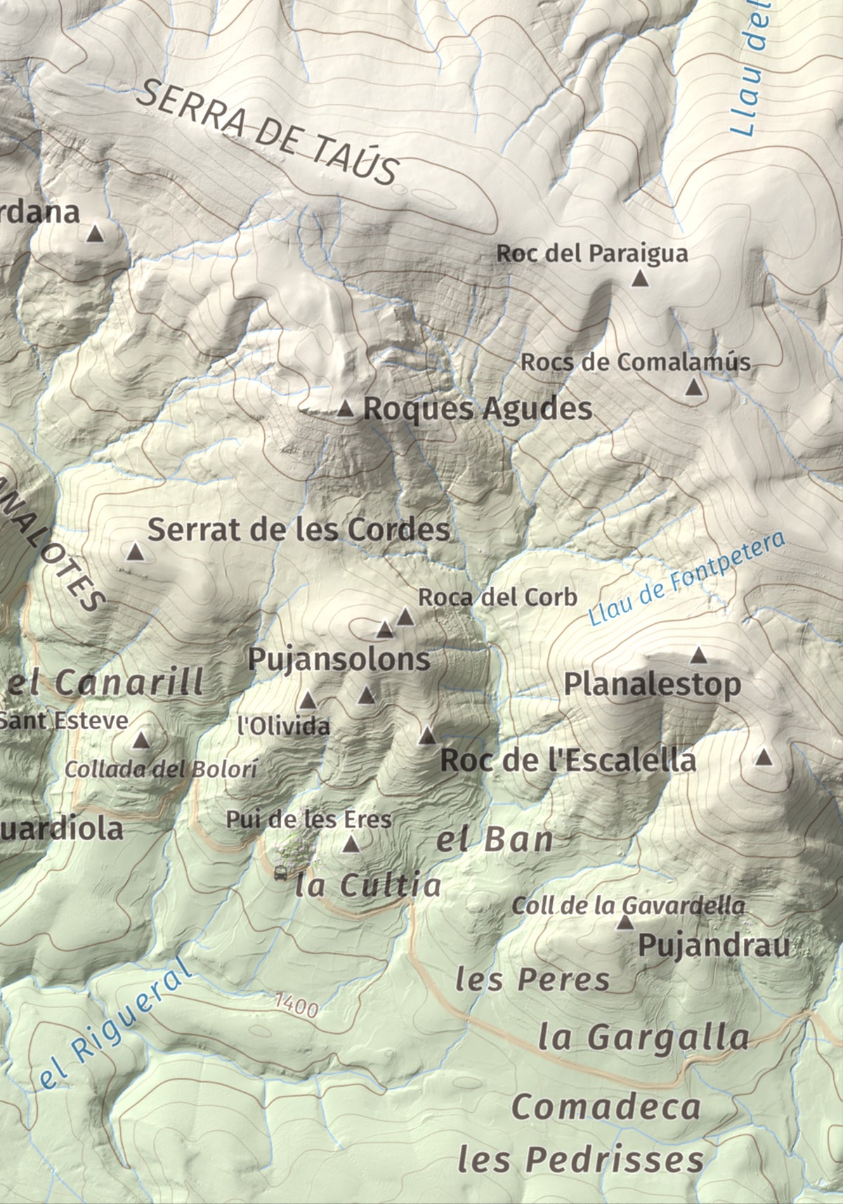 Mapa de relieve de Les Piques, 1969 m, Alt Urgell, lámina 100 Cims de Trobart. Detalle de la zona inferior derecha. 21 × 30 cm.