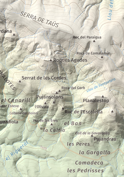 Mapa de relieve de Les Piques, 1969 m, Alt Urgell, lámina 100 Cims de Trobart. Detalle de la zona inferior derecha. 21 × 30 cm.
