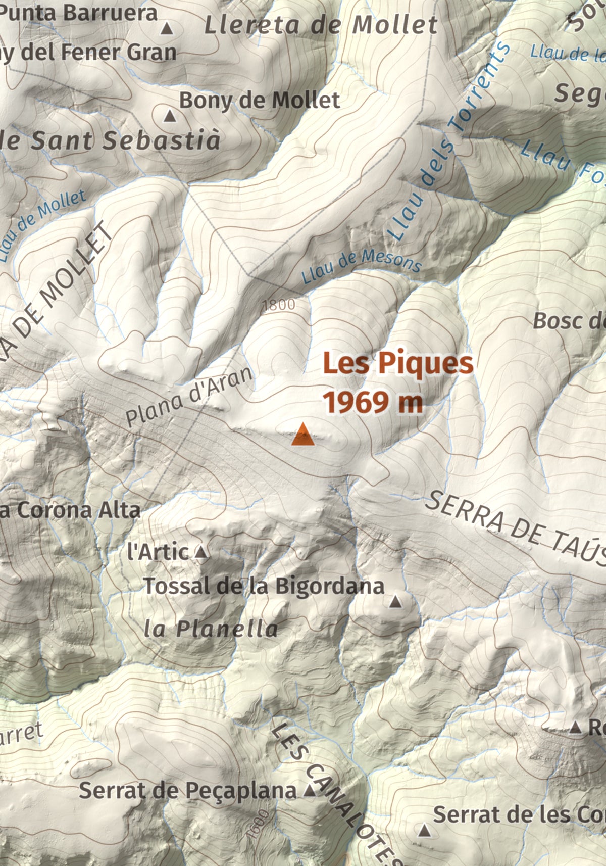 Mapa de relieve de Les Piques, 1969 m, Alt Urgell, lámina 100 Cims de Trobart. Detalle de la zona central. 21 × 30 cm.