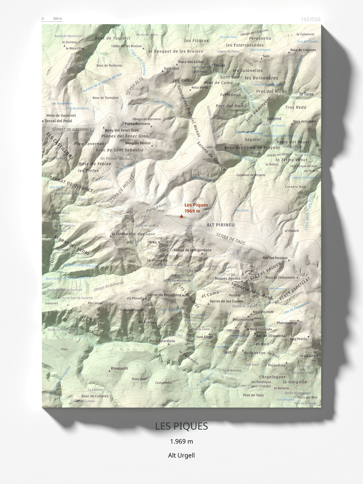 Mapa de relieve de Les Piques, 1969 m, Alt Urgell, lámina 100 Cims de Trobart 30 × 40 cm.