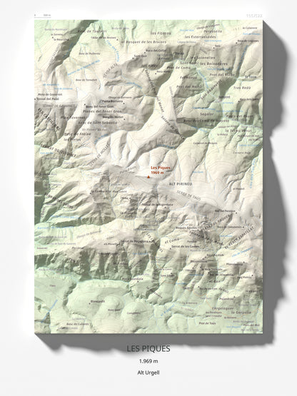 Mapa de relieve de Les Piques, 1969 m, Alt Urgell, lámina 100 Cims de Trobart 30 × 40 cm.