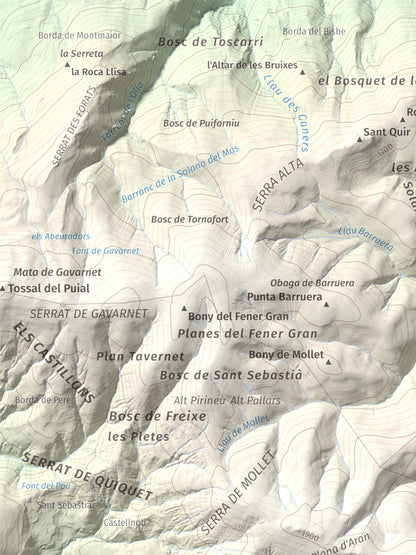 Mapa de relieve de Les Piques, 1969 m, Alt Urgell, lámina 100 Cims de Trobart. Detalle de la zona superior izquierda. 30 × 40 cm.