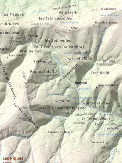 Mapa de relieve de Les Piques, 1969 m, Alt Urgell, lámina 100 Cims de Trobart. Detalle de la zona superior derecha. 30 × 40 cm.