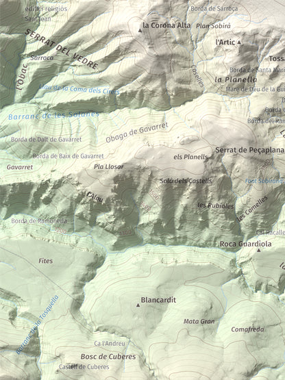 Mapa de relieve de Les Piques, 1969 m, Alt Urgell, lámina 100 Cims de Trobart. Detalle de la zona inferior izquierda. 30 × 40 cm.