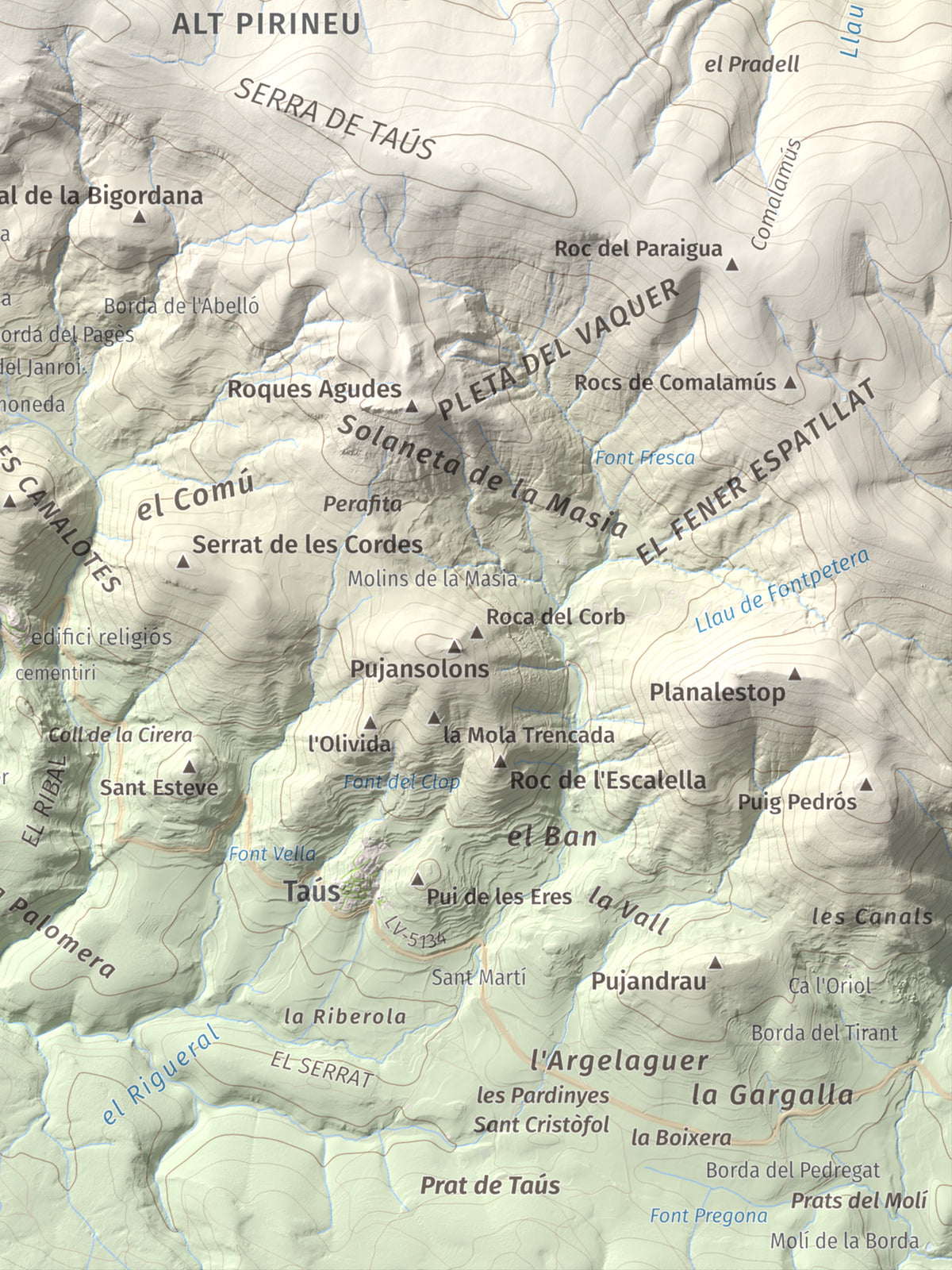 Mapa de relieve de Les Piques, 1969 m, Alt Urgell, lámina 100 Cims de Trobart. Detalle de la zona inferior derecha. 30 × 40 cm.