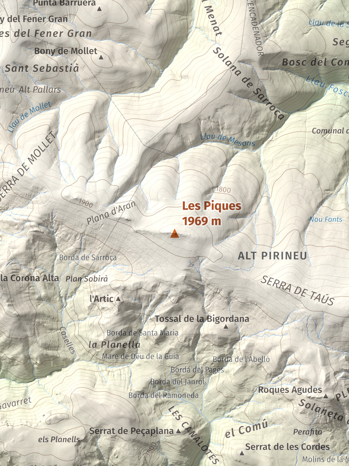 Mapa de relieve de Les Piques, 1969 m, Alt Urgell, lámina 100 Cims de Trobart. Detalle de la zona central. 30 × 40 cm.