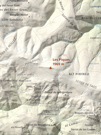 Mapa de relieve de Les Piques, 1969 m, Alt Urgell, lámina 100 Cims de Trobart. Detalle de la zona central. 30 × 40 cm.