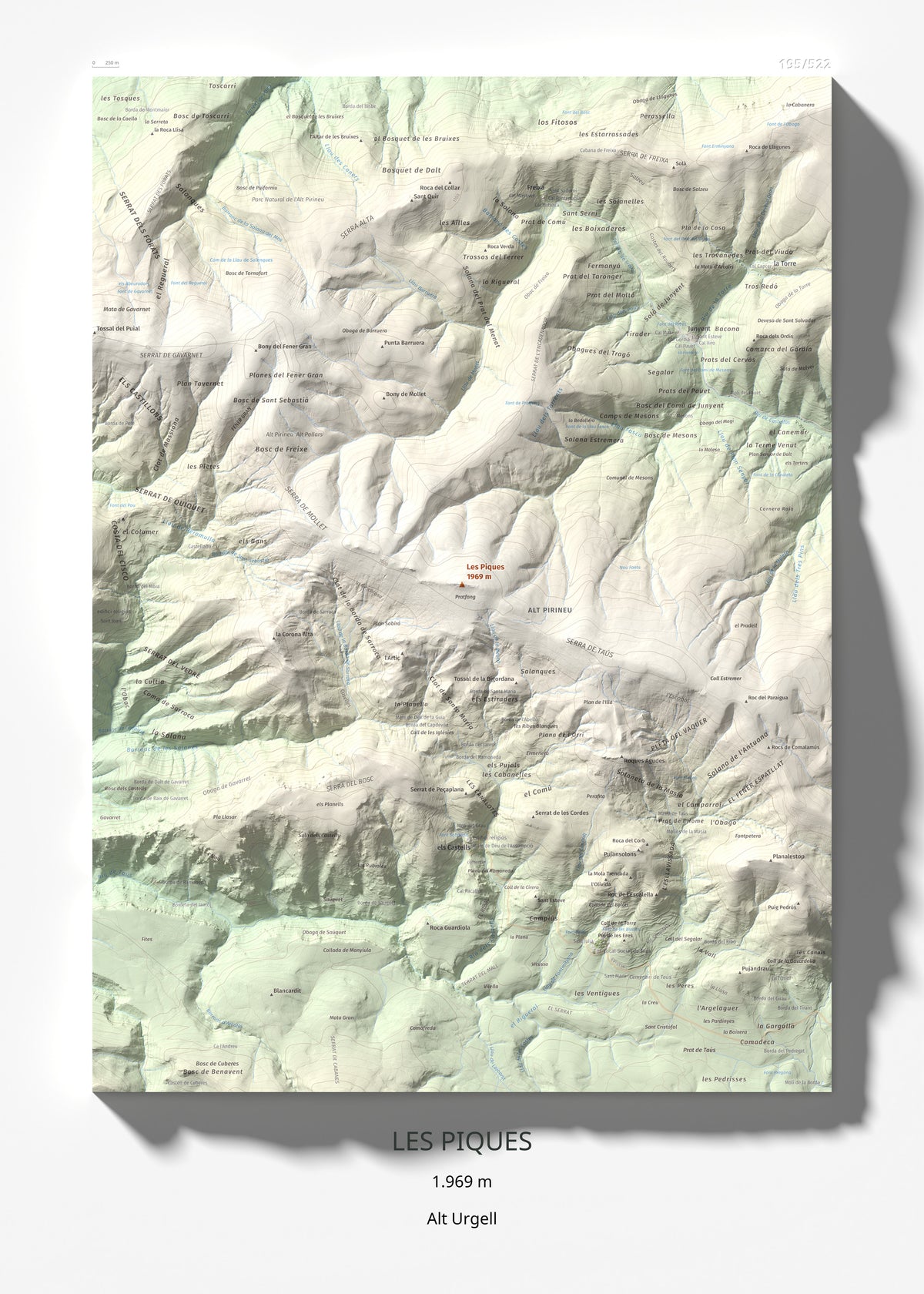 Mapa de relieve de Les Piques, 1969 m, Alt Urgell, lámina 100 Cims de Trobart 50 × 70 cm.
