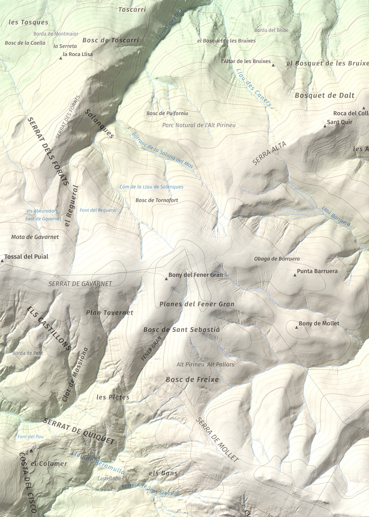Mapa de relieve de Les Piques, 1969 m, Alt Urgell, lámina 100 Cims de Trobart. Detalle de la zona superior izquierda. 50 × 70 cm.