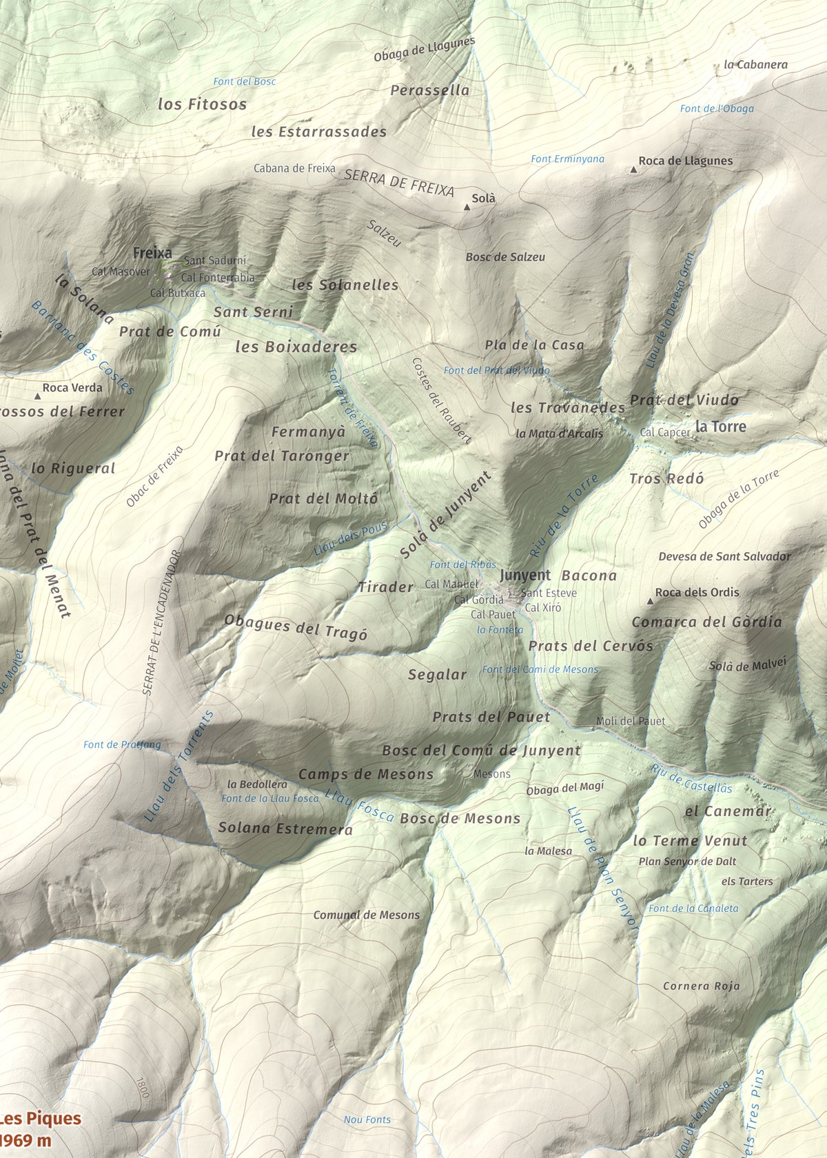 Mapa de relieve de Les Piques, 1969 m, Alt Urgell, lámina 100 Cims de Trobart. Detalle de la zona superior derecha. 50 × 70 cm.