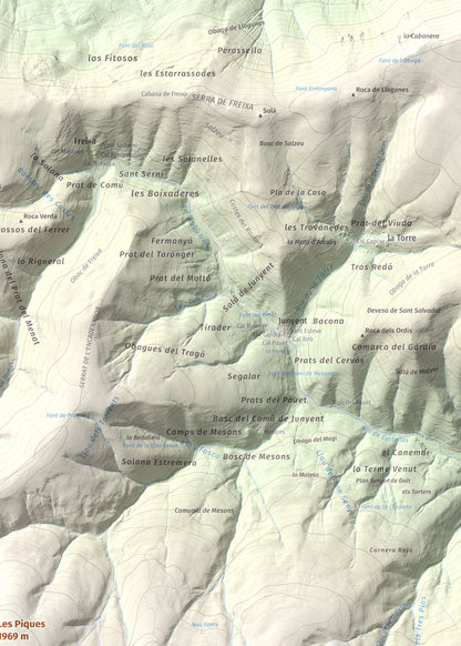 Mapa de relieve de Les Piques, 1969 m, Alt Urgell, lámina 100 Cims de Trobart. Detalle de la zona superior derecha. 50 × 70 cm.